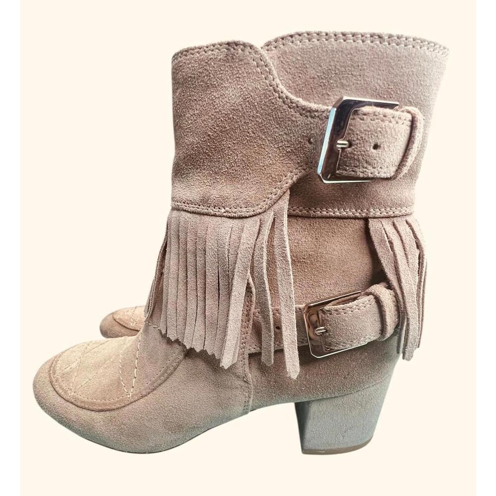 Laurence Dacade Paris Suede Fringe Buckle Ankle Boots Tan Moto Boho EU36 1/2